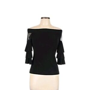 Sexy Joseph Ribkoff Black Off-the-Shoulder Mesh Ruffled 3/4 Sleeves Top 6 EUC